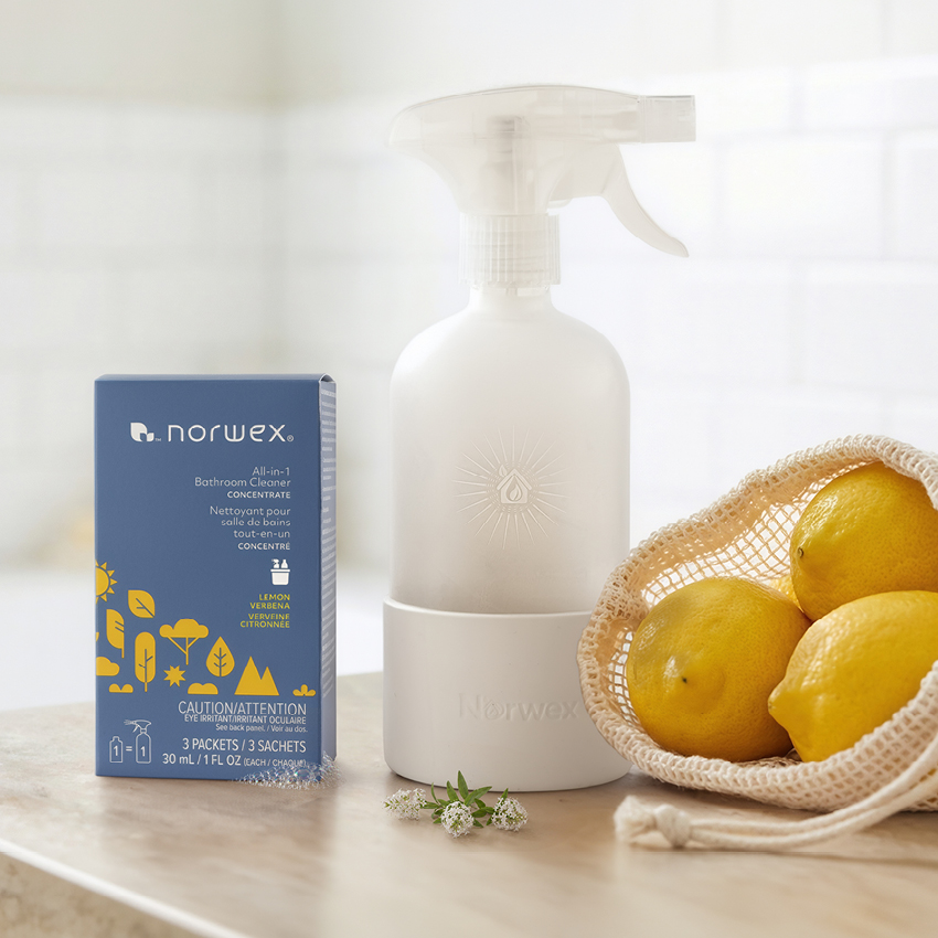 $100 in Norwex Discounts + Limited-edition All-in-1 Bathroom Cleaner, lemon verbena; Forever Bottle with Sprayer, white ($38.98 value)